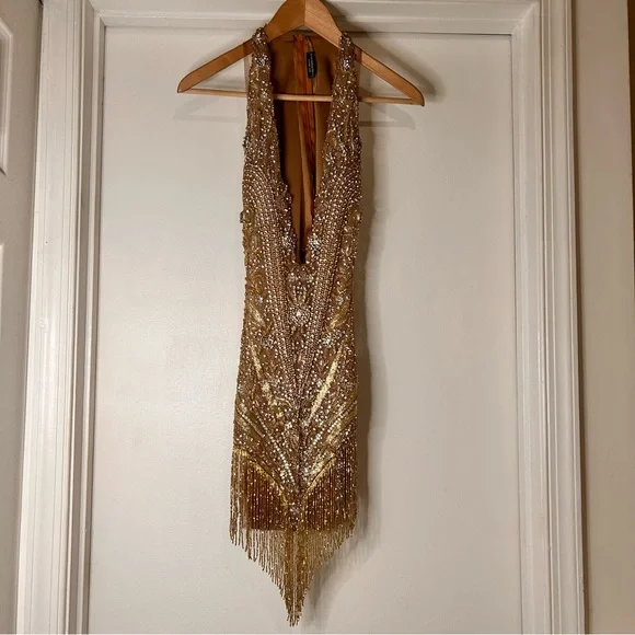 LoveSohnaDesigns Elegant Gold Embellished Mini Dress - (Custom Size) - Picture 2 of 15